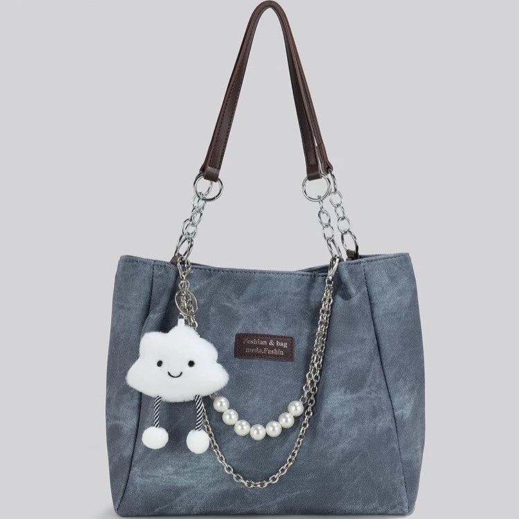 Vintage Denim Chain Tote with Cloud & Pearl Accents - Image 4