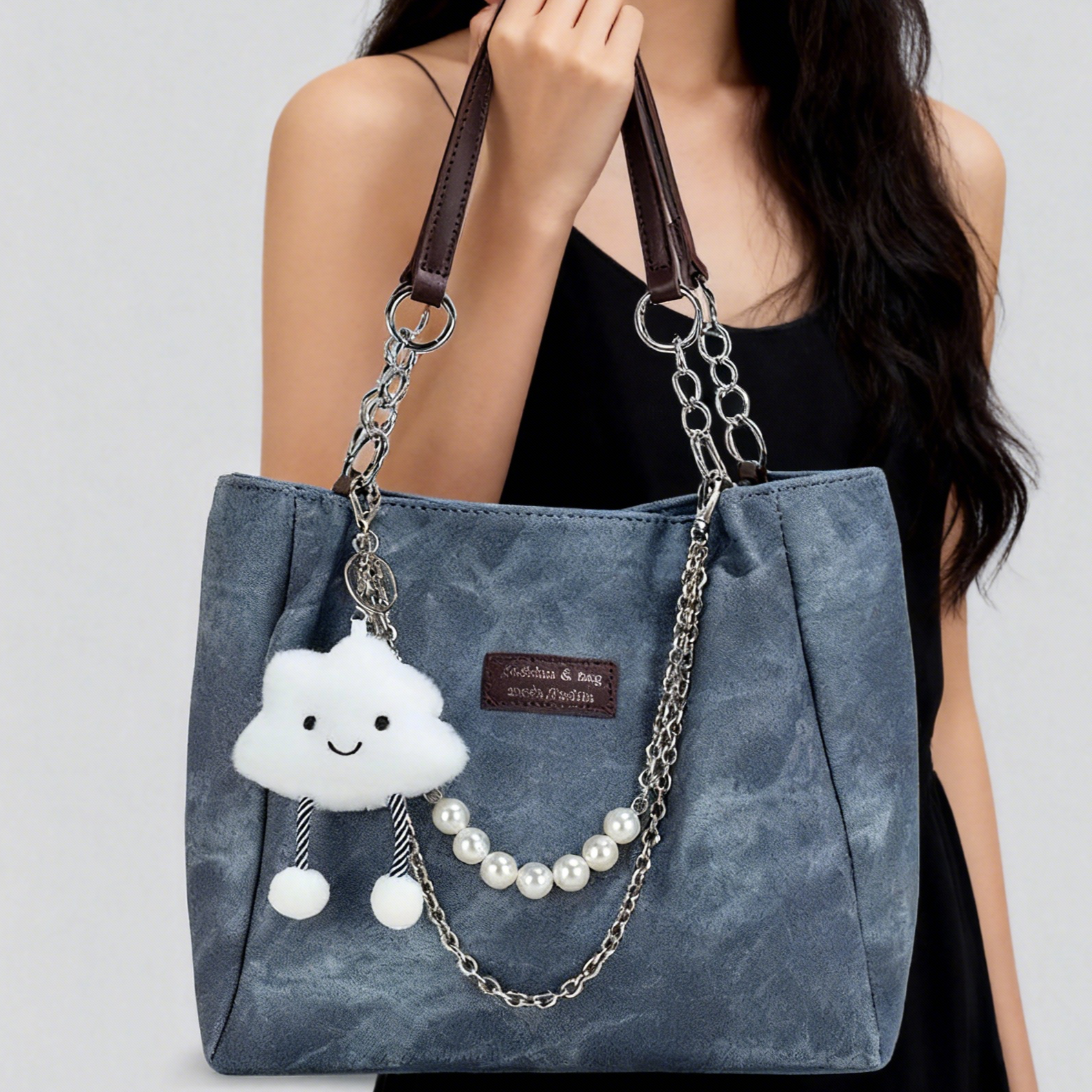 Vintage Denim Chain Tote with Cloud & Pearl Accents - Image 2