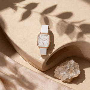 Elegant Rose Gold Square Dial White Strap Quartz Watch