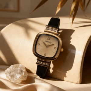 Vintage Style Gold Cushion Watch with Crystal Accents Black Strap