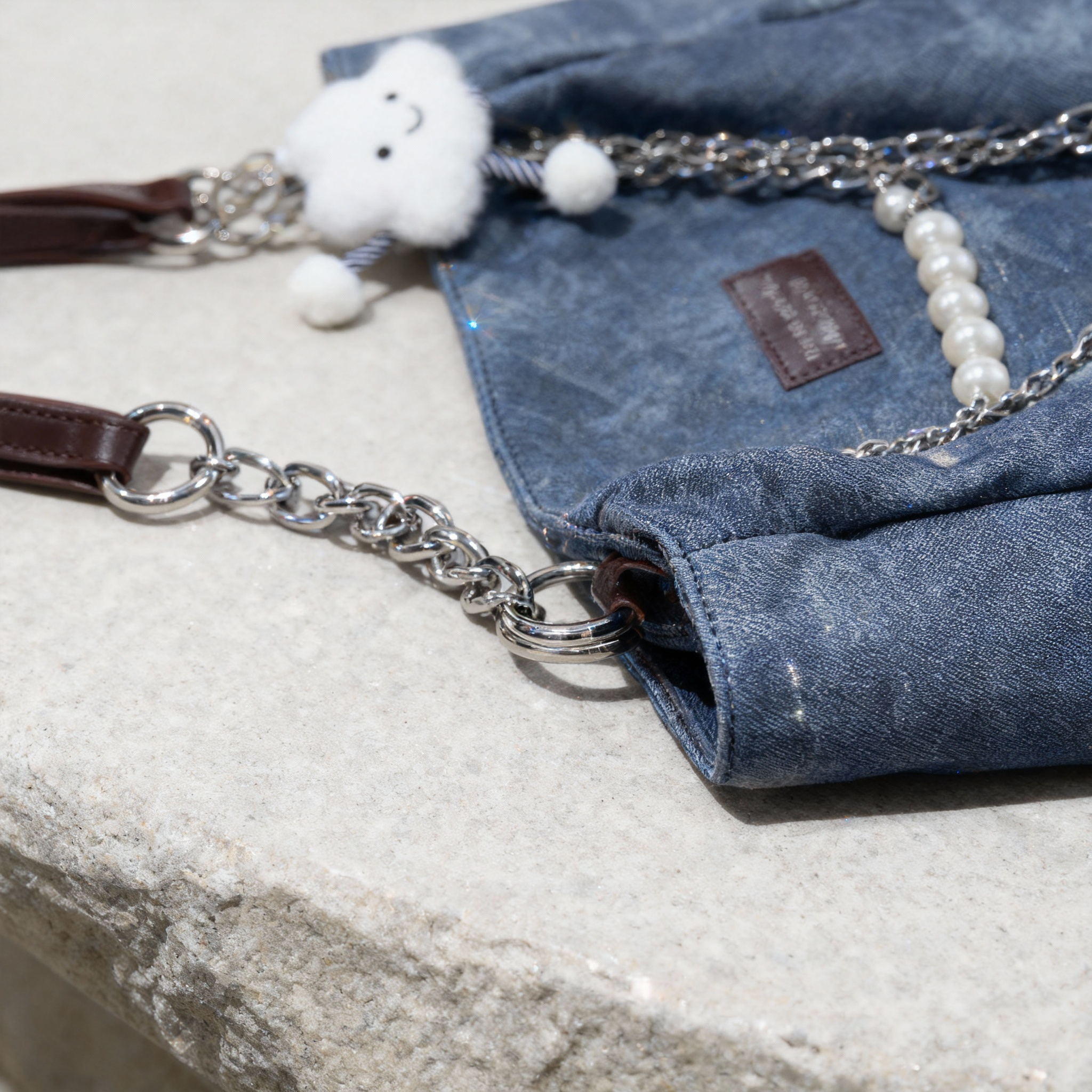 Vintage Denim Chain Tote with Cloud & Pearl Accents - Image 7