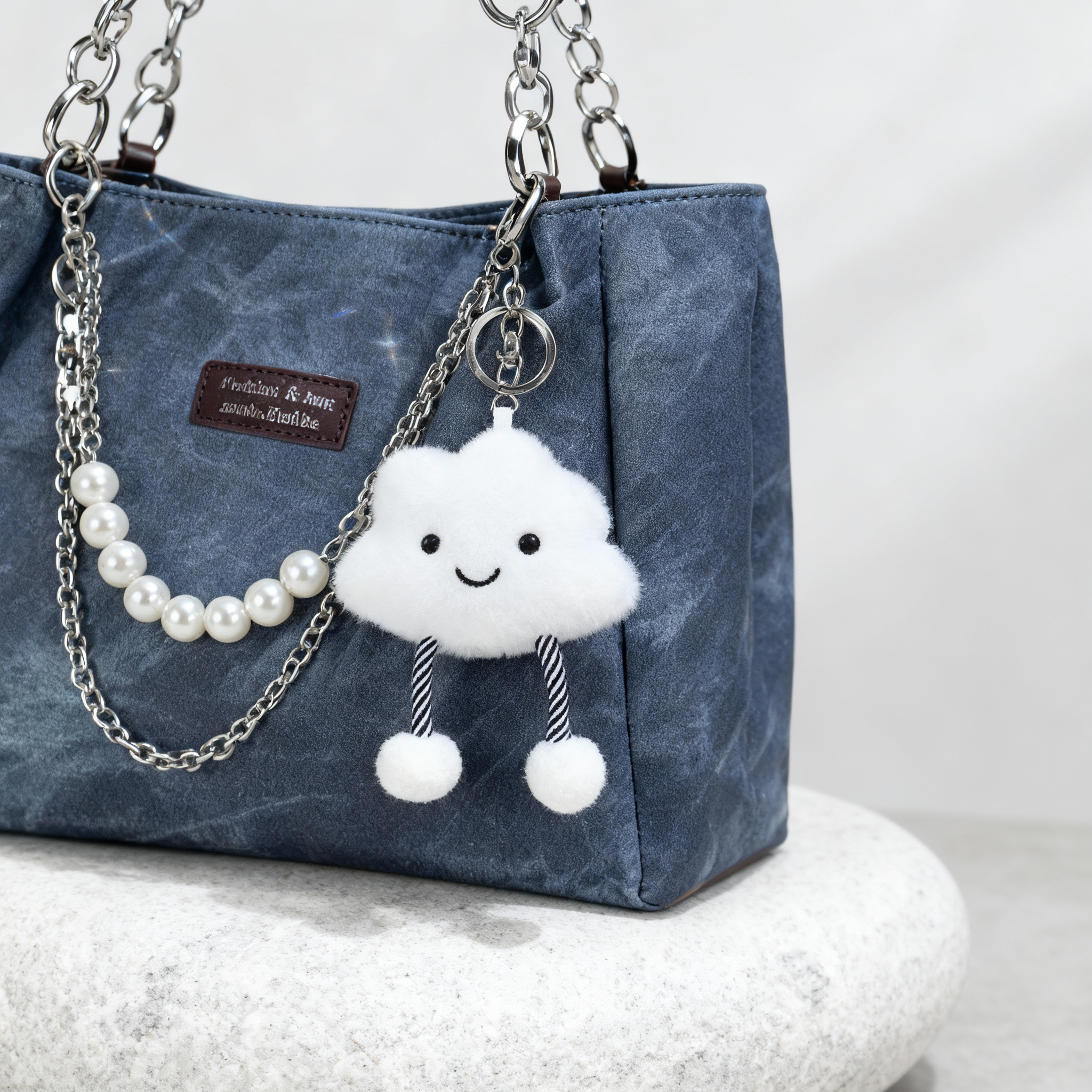 Vintage Denim Chain Tote with Cloud & Pearl Accents - Image 6