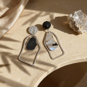 Modern Asymmetric Silver Black Geometric Abstract Statement Earrings