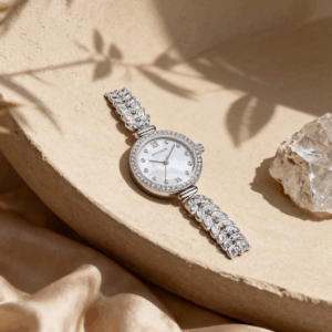 Luxury Silver Crystal Leaf Bracelet Women's Dress Watch
