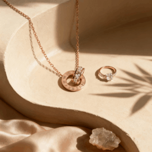 Rose Gold Interlocking Roman Numeral Crystal Pendant Necklace