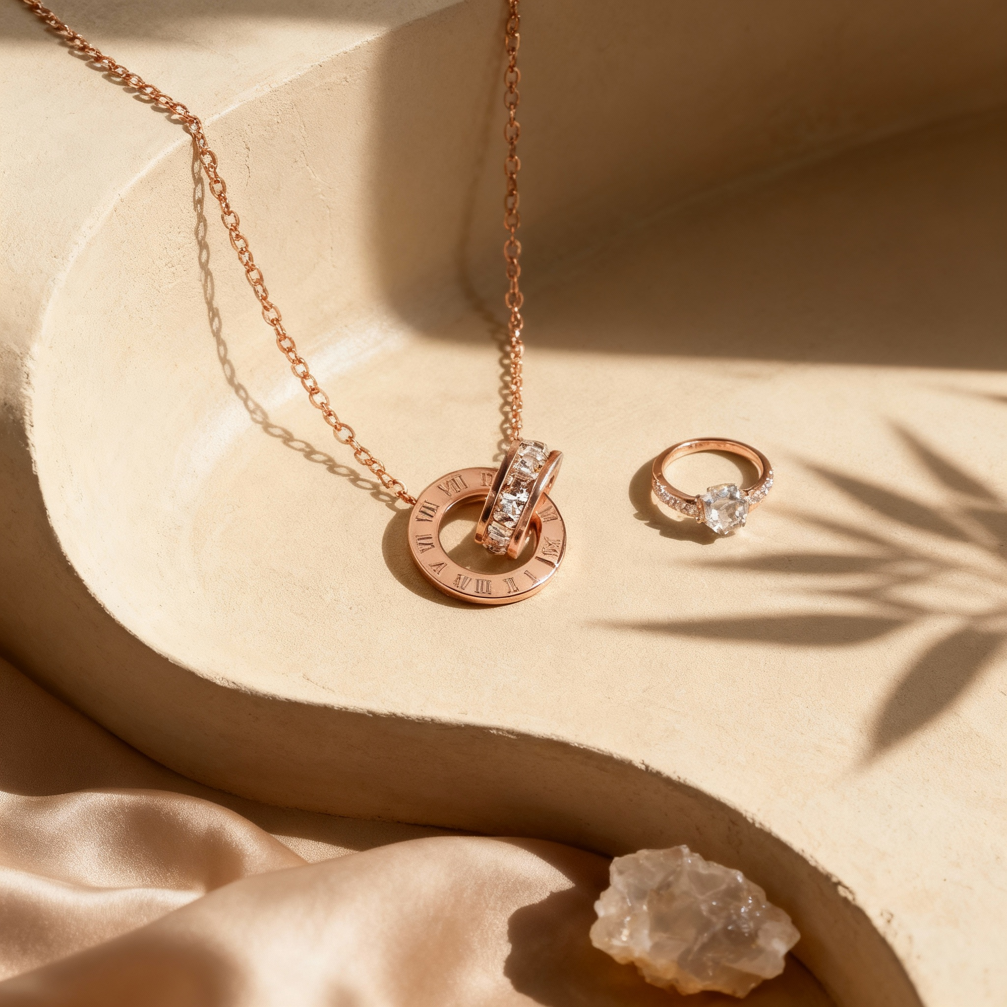 Rose Gold Interlocking Roman Numeral Crystal Pendant Necklace