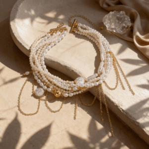 Luxury Multi-Strand Pearl Necklace with Gold Chain Fringe