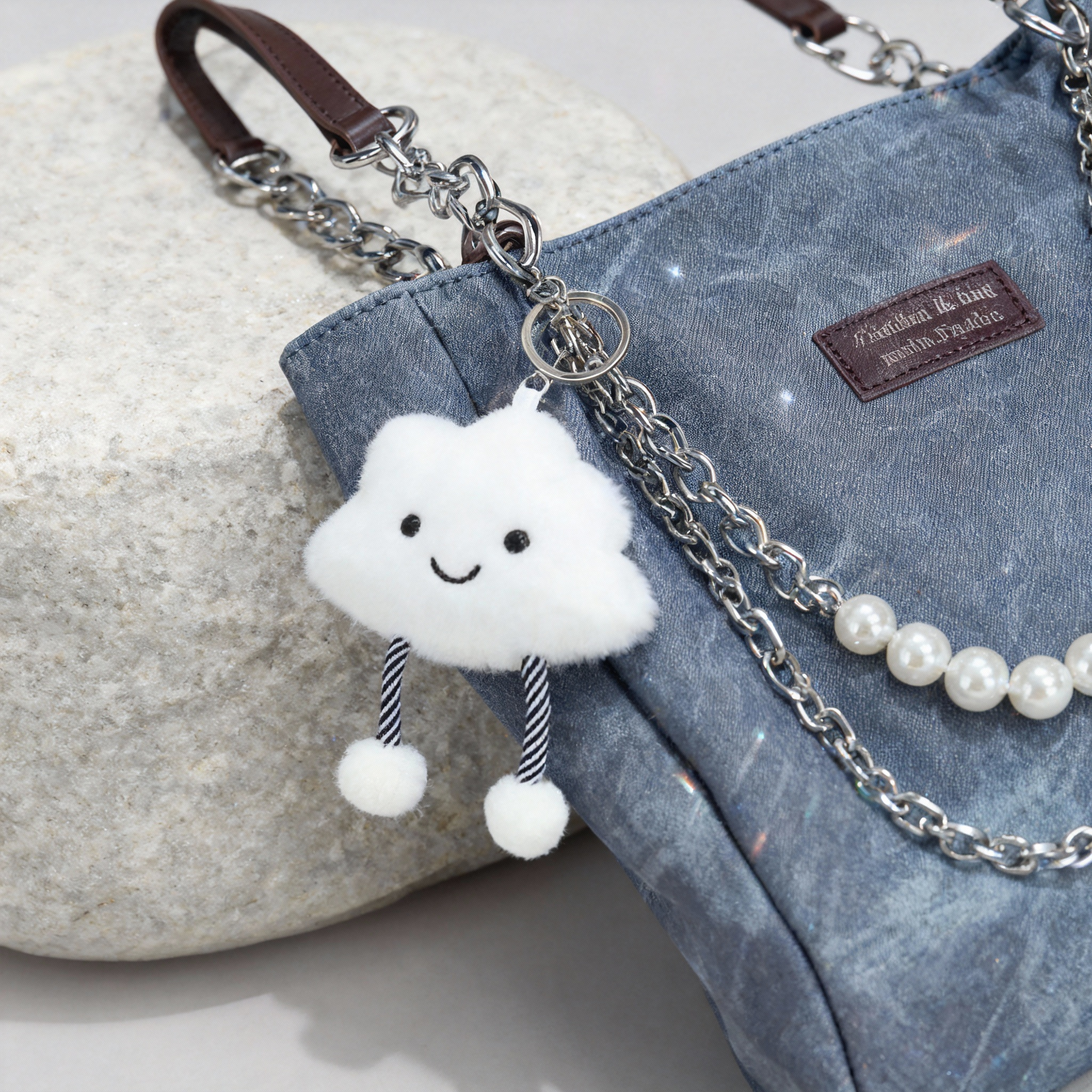 Vintage Denim Chain Tote with Cloud & Pearl Accents - Image 3