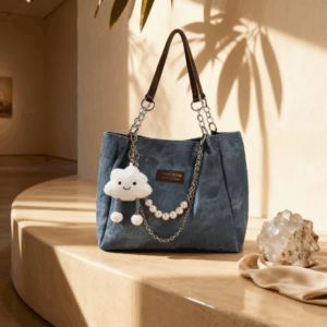 Vintage Denim Chain Tote with Cloud & Pearl Accents