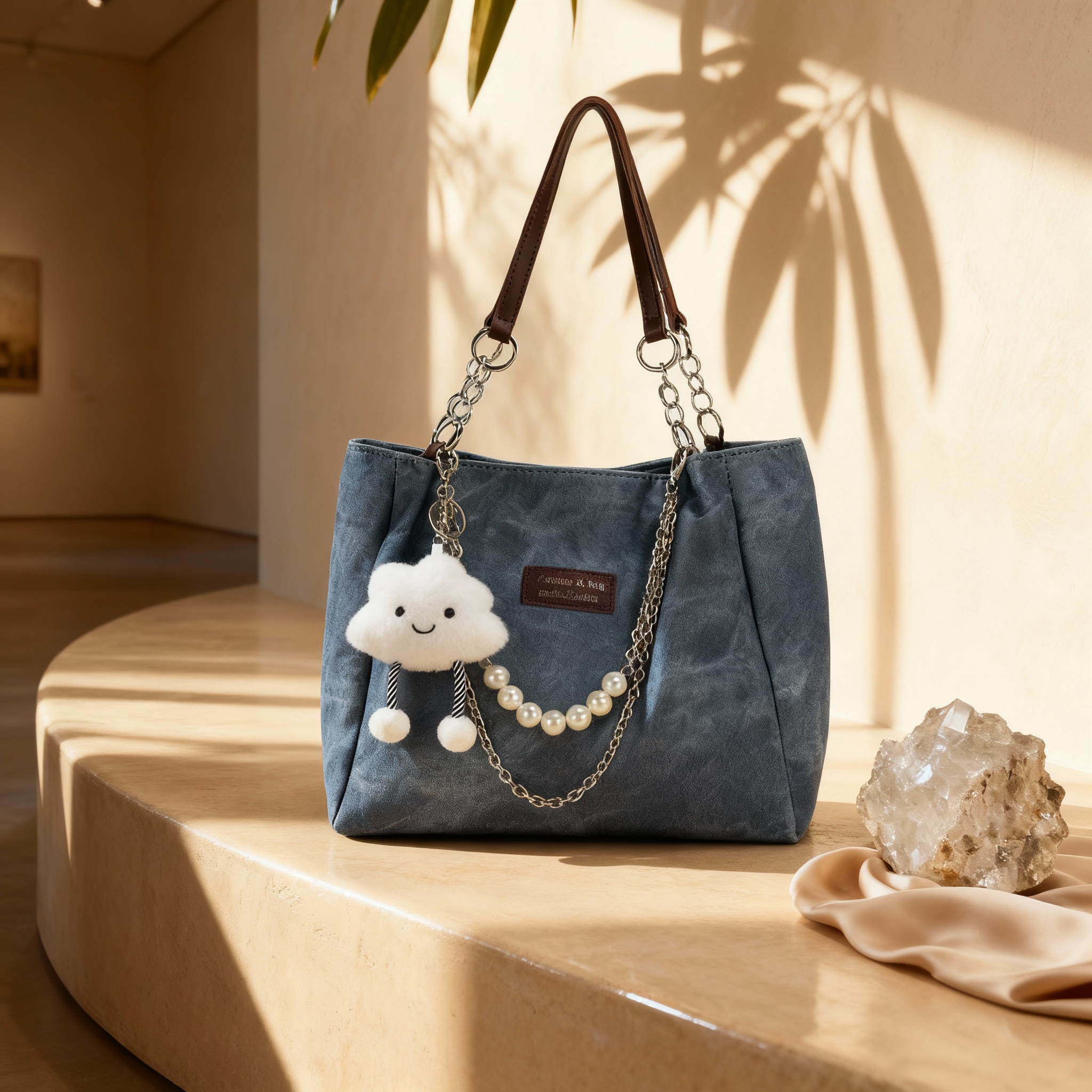 Vintage Denim Chain Tote with Cloud & Pearl Accents