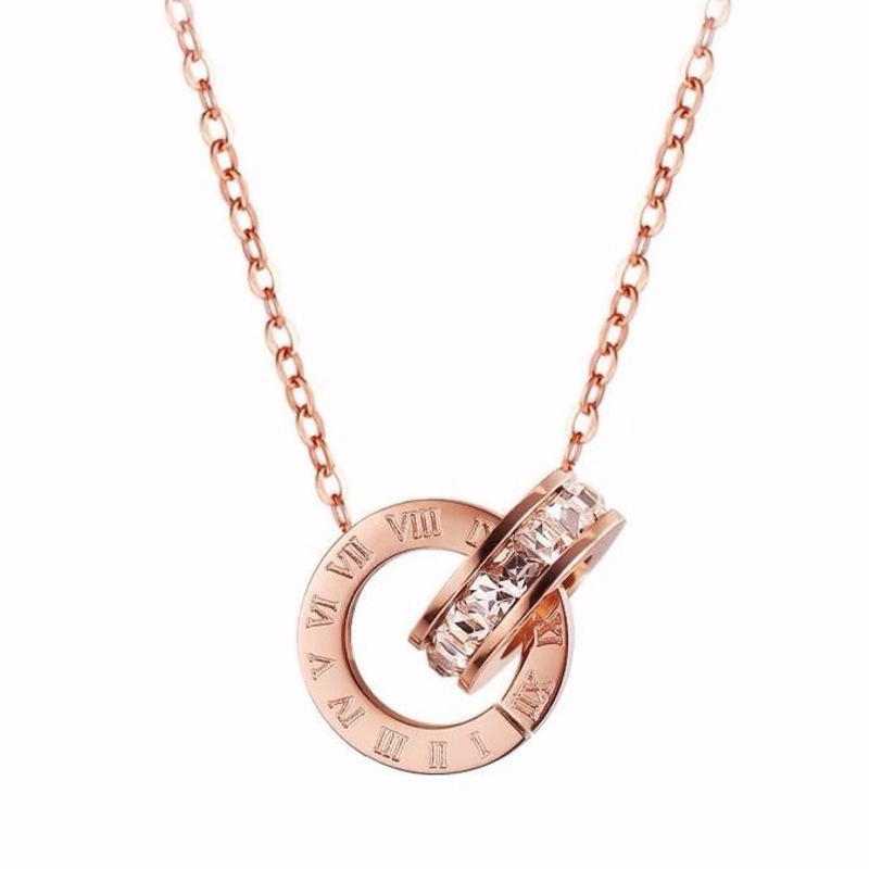 Rose Gold Interlocking Roman Numeral Crystal Pendant Necklace - Image 3
